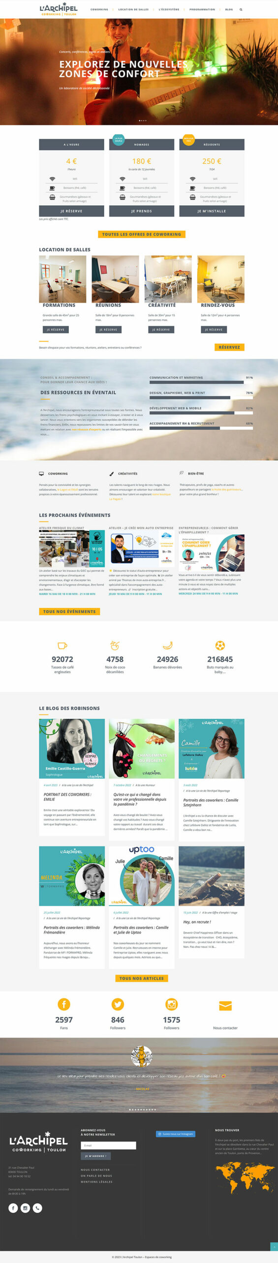 Page d'accueil site internet Archipel Coworking Toulon